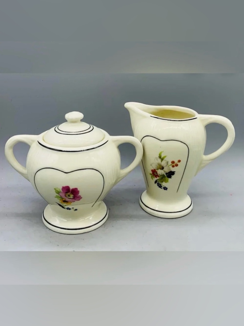 Porcelain Floral Creamer and Lidded Sugar Set Double Sided Pattern Rare Vintage